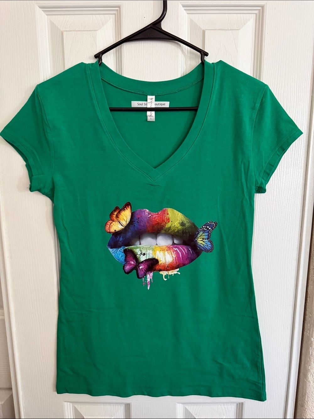 Soul Sista’s  Boutique Green V-Neck Tee with Rainbow Lip & Butterfly Graphic